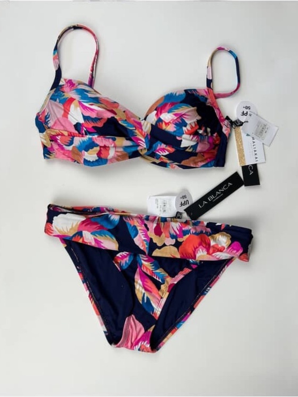 La Blanca Floral Underwire Bikini Set UPF 50+ Navy Pink Women’s Size 10 NWT